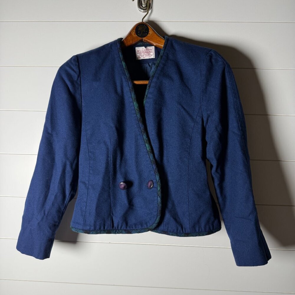 Vintage Pendleton Suit -Jacket & Skirt, Navy Blackwatch Trim Sz 8 Virgin Wool